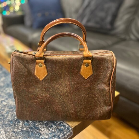 Etro Boston bag Paisley Brown Beige PVC leather Woman Authentic Used - Picture 1 of 7